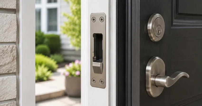 technician repairing a split door jamb near the strike plate in Delaware