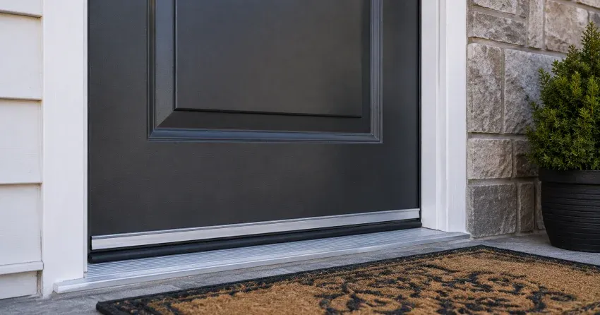 technician replacing worn door weatherstripping in Delaware home