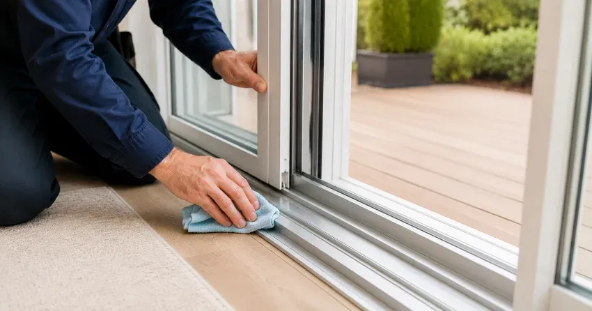 technician inspecting a sliding patio door track in Delaware