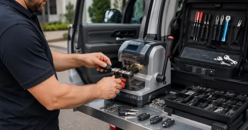 technician cutting a replacement car door lock key in Delaware