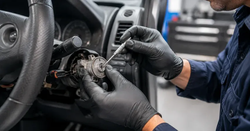 technician diagnosing an ignition lock repair issue in Delaware