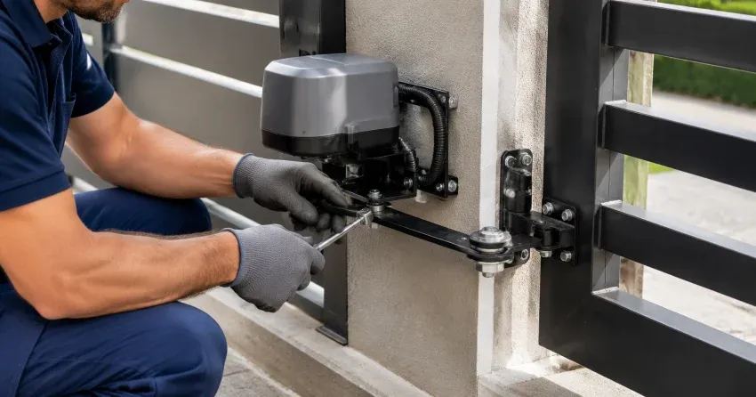 technician diagnosing automatic gate motor and control panel in Delaware