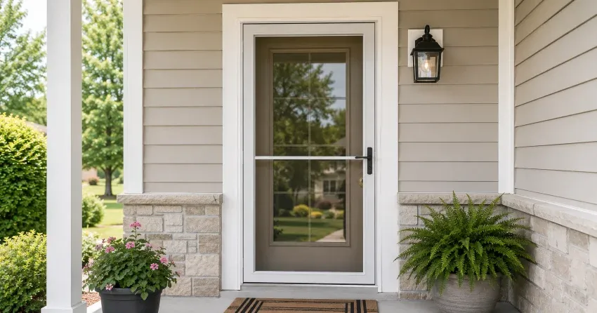 technician hanging storm door square and plumb in Delaware
