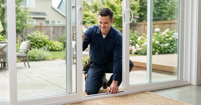 technician diagnosing a sticking patio door in Delaware