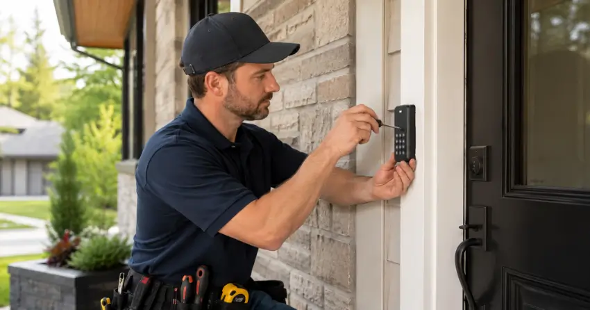 Technician installing an access control system keypad beside a residential front door in Delaware