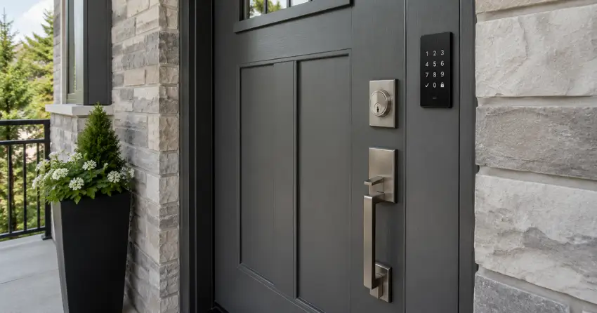 High-security door hardware and access control keypad installed on a residential entry door in Delaware