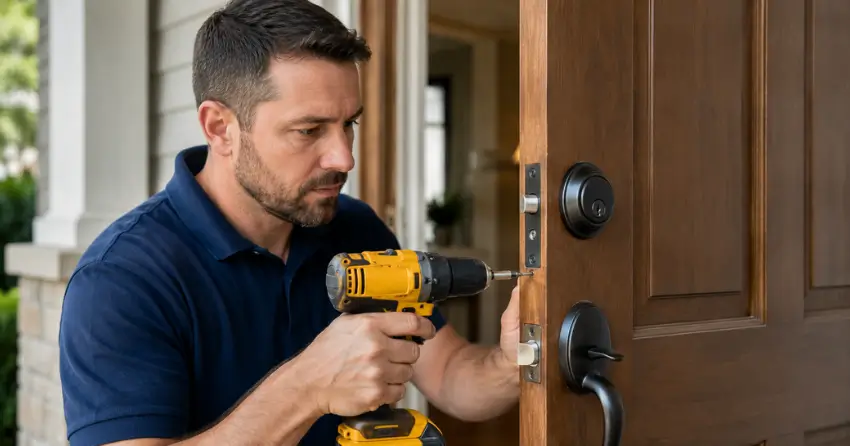 technician installing a new deadbolt during Change Door Lock Delaware service
