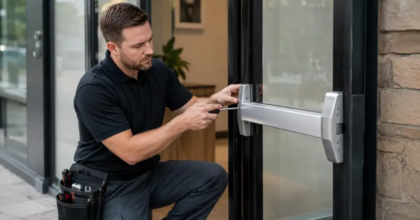 commercial locksmith repairing exit device on storefront door Delaware