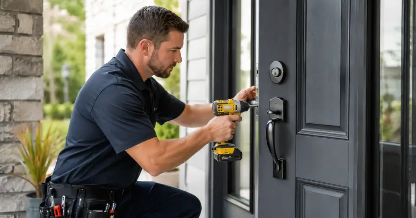 locksmith installing deadbolt lock on exterior door in Delaware
