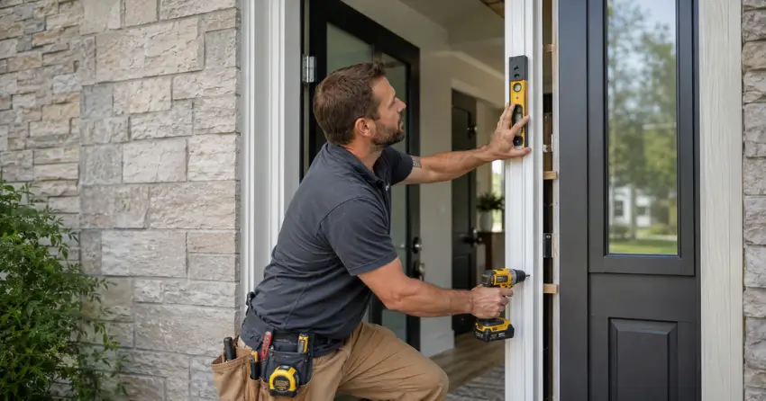 technician installing a new exterior door frame in Delaware