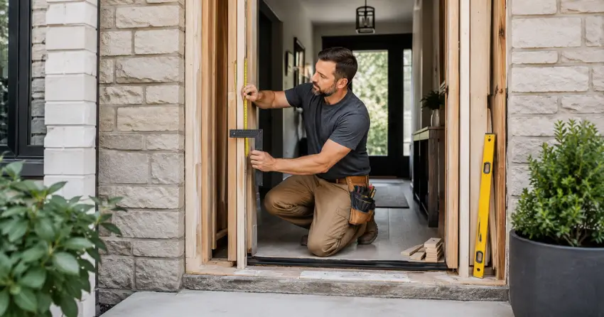exterior door installer assessing rough opening in Delaware
