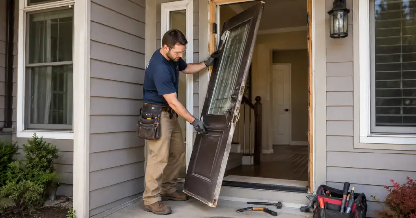 old exterior door being removed for replacement in Delaware