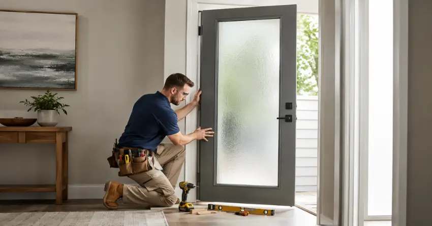 glass panel door installation with frosted privacy glass in residential setting in Delaware