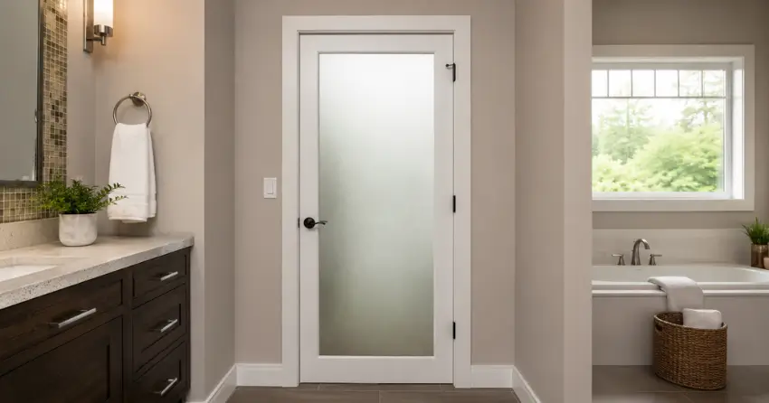 frosted glass panel bathroom door installed in a Delaware home