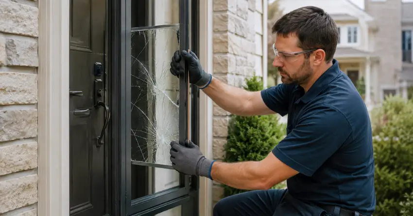 technician removing cracked storm door glass panel in Delaware