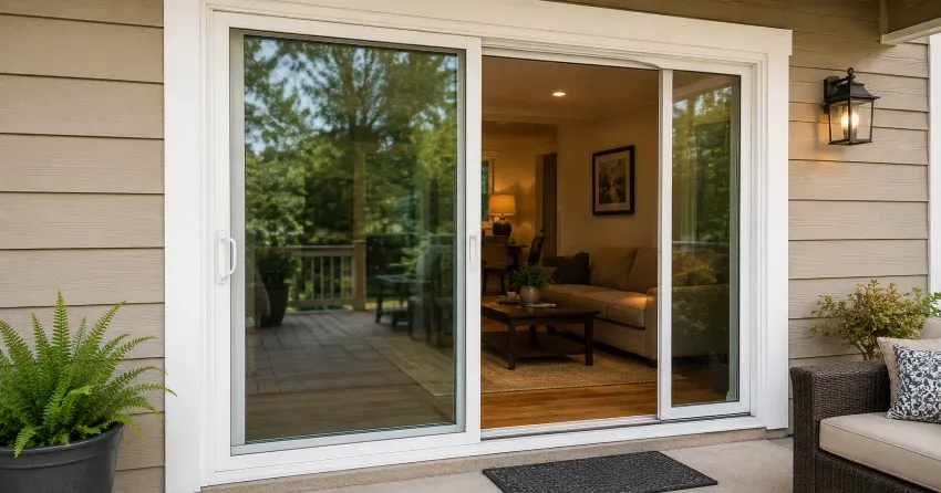 Patio Door Installation technician setting a new frame in Delaware