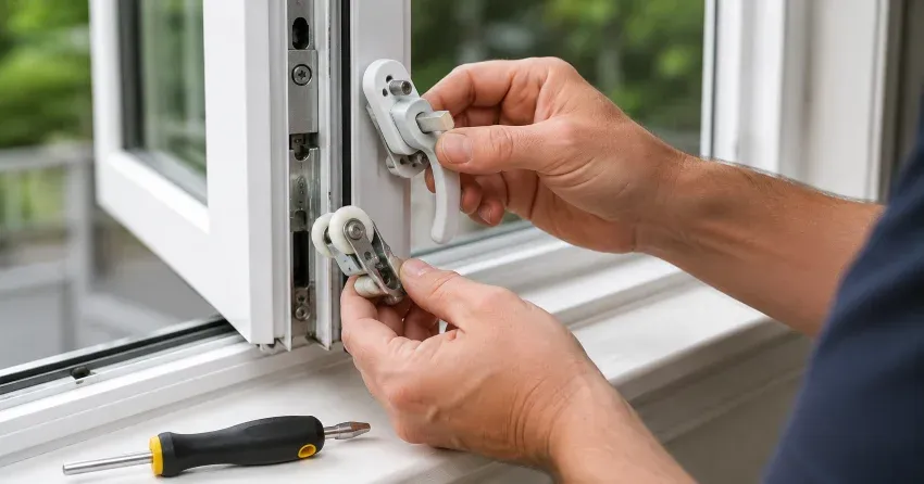 technician performing broken window repair Delaware on a sliding window
