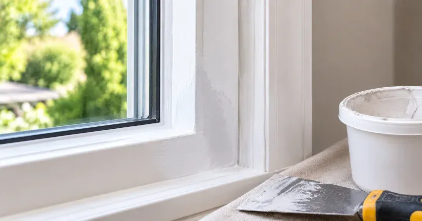 technician repairing rotted window frame corner in Delaware