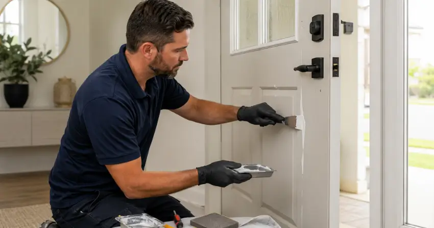 technician repairing fiberglass door surface crack in Delaware