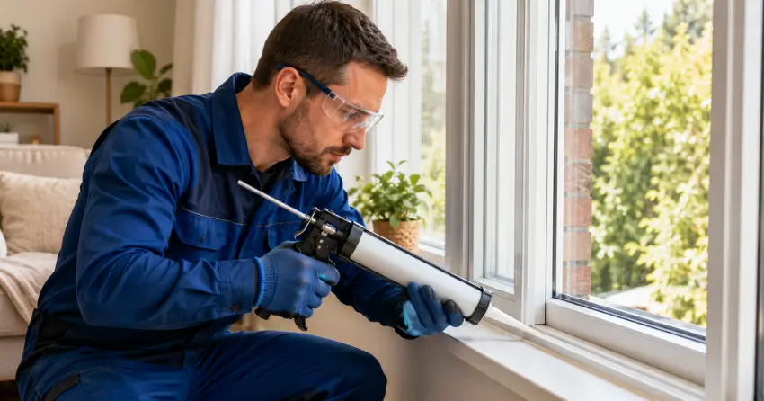 technician repairing window seal and frame in Delaware