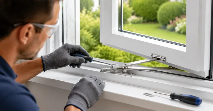 automatic door technician inspecting sensor and control panel in Delaware