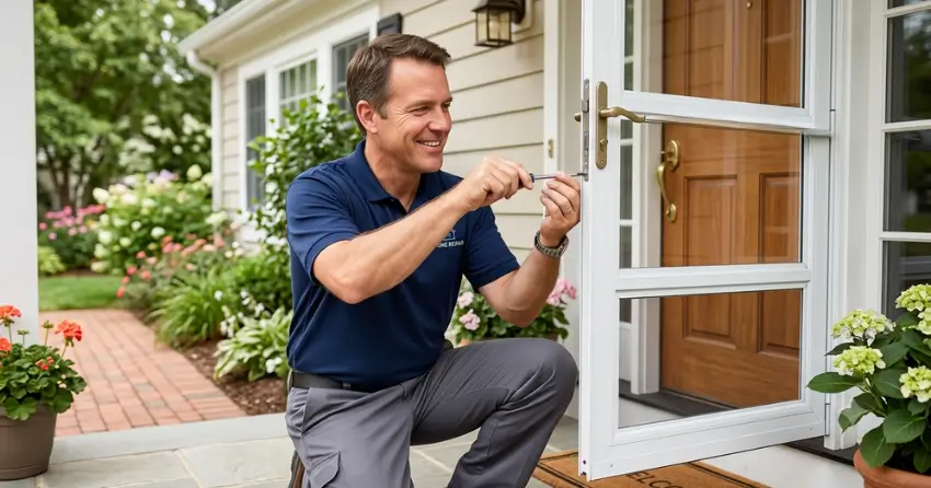 technician adjusting storm door hinge and closer in Delaware