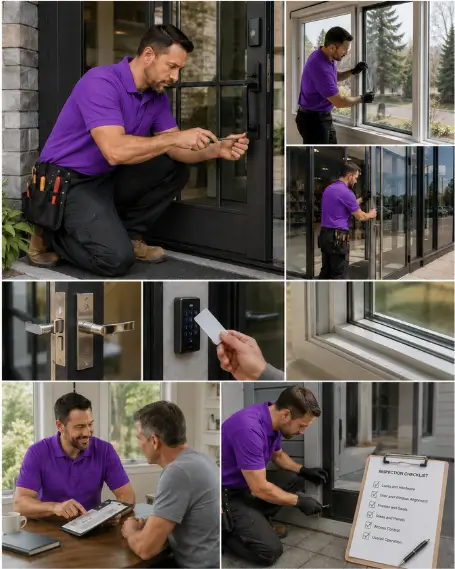 A technician checking the alignment of a replacement window during installation